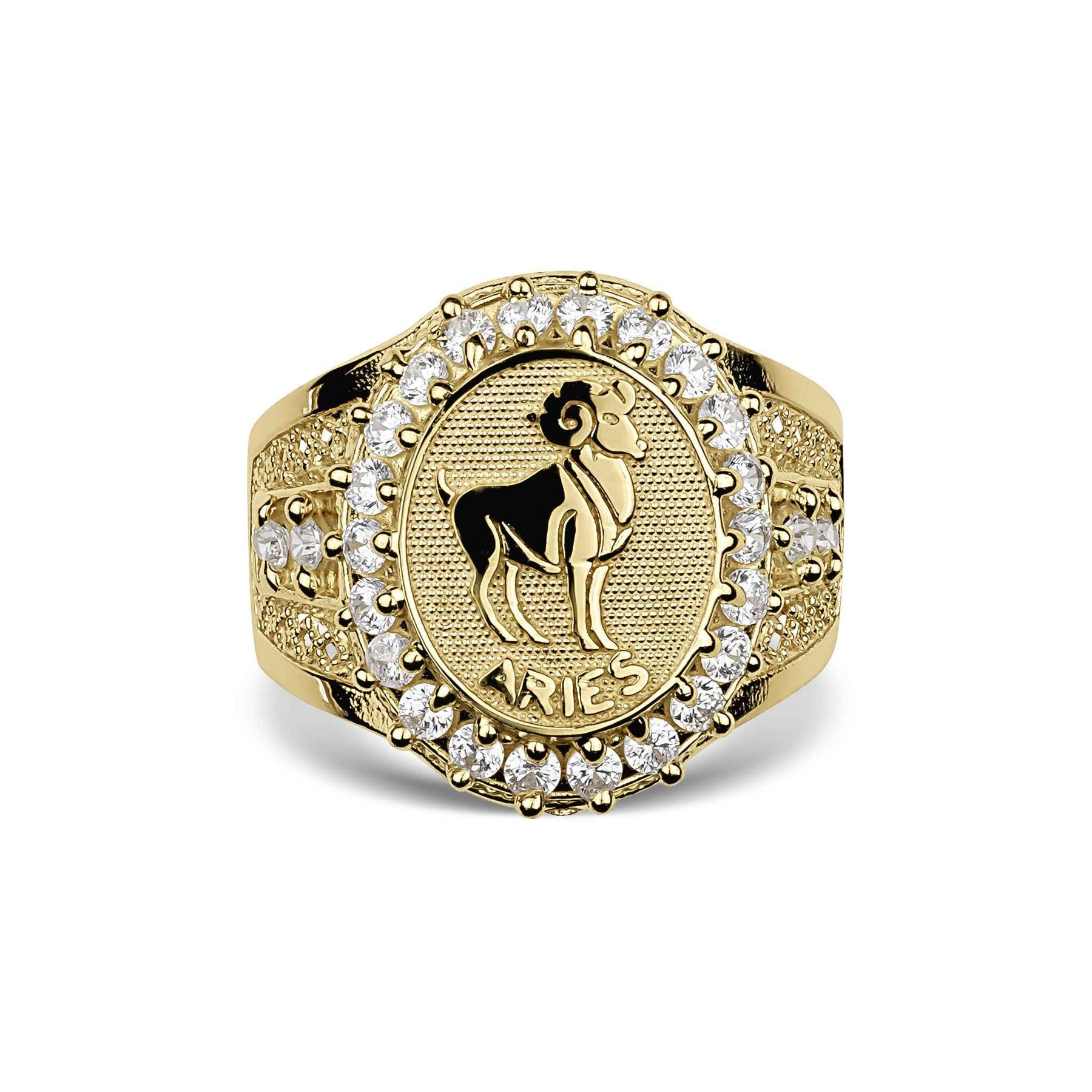 Front view of a gold Aries zodiac signet ring with a cubic zirconia halo.