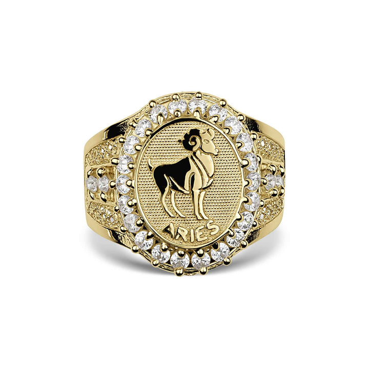 Front view of a gold Aries zodiac signet ring with a cubic zirconia halo.