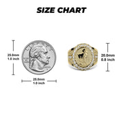 Ring size chart comparing a gold Aries zodiac signet ring to a US quarter.