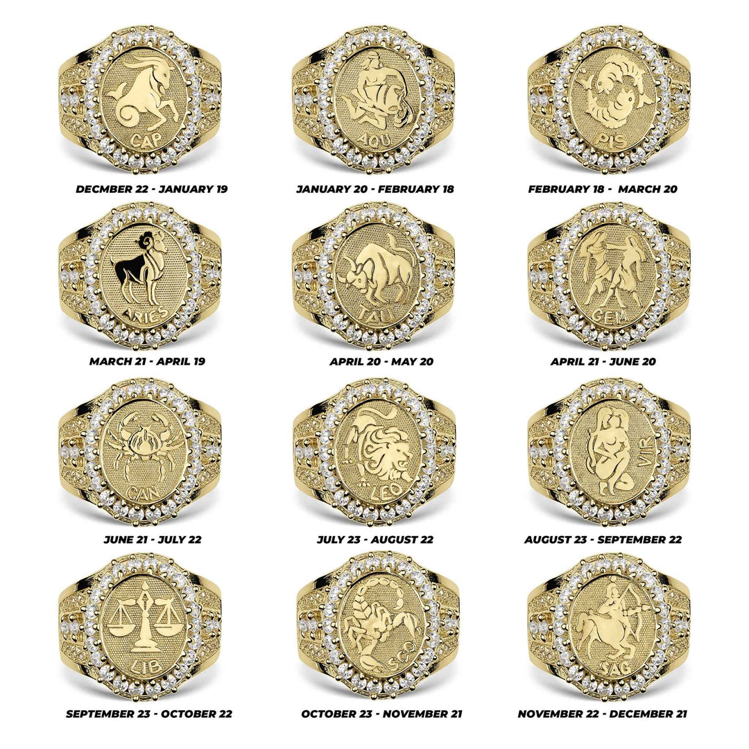 Grid chart showing twelve gold zodiac signet rings with corresponding astrological dates.