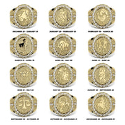 Grid chart showing twelve gold zodiac signet rings with corresponding astrological dates.