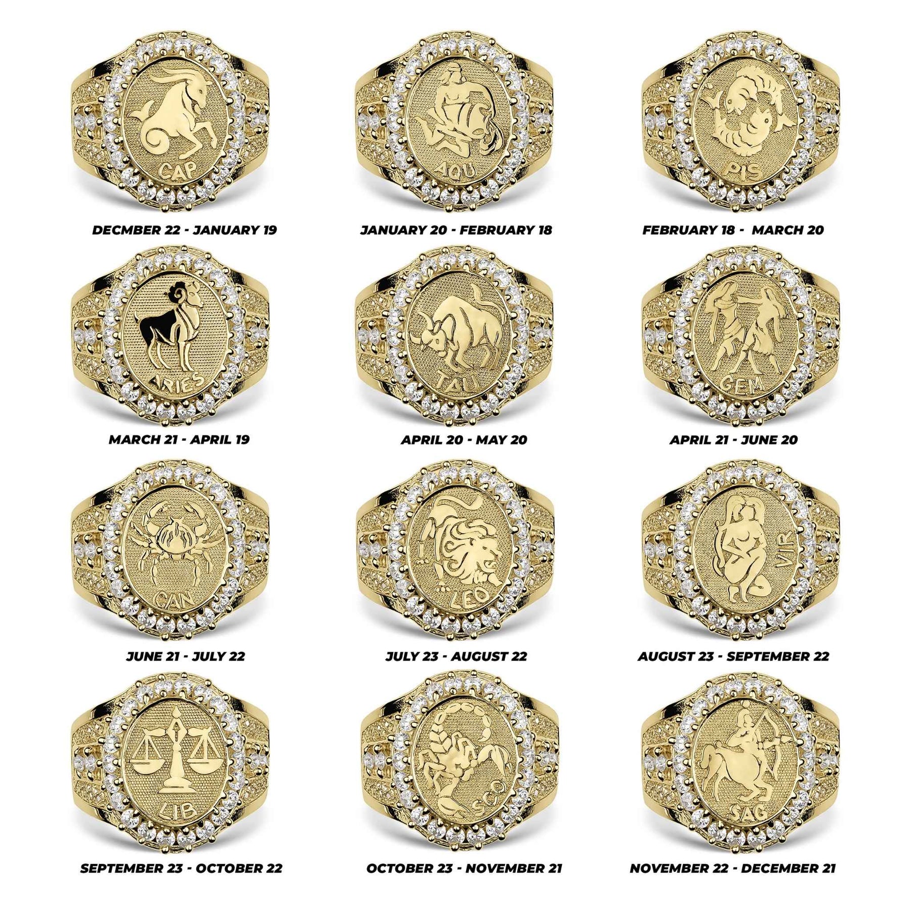 Grid chart showing twelve gold zodiac signet rings with corresponding astrological dates.