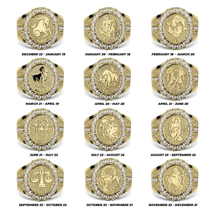 Grid chart showing twelve gold zodiac signet rings with corresponding astrological dates.