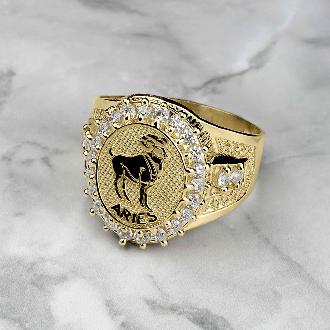 10k 14k gold twelve zodiac constellation signet men ring Aries symbol.