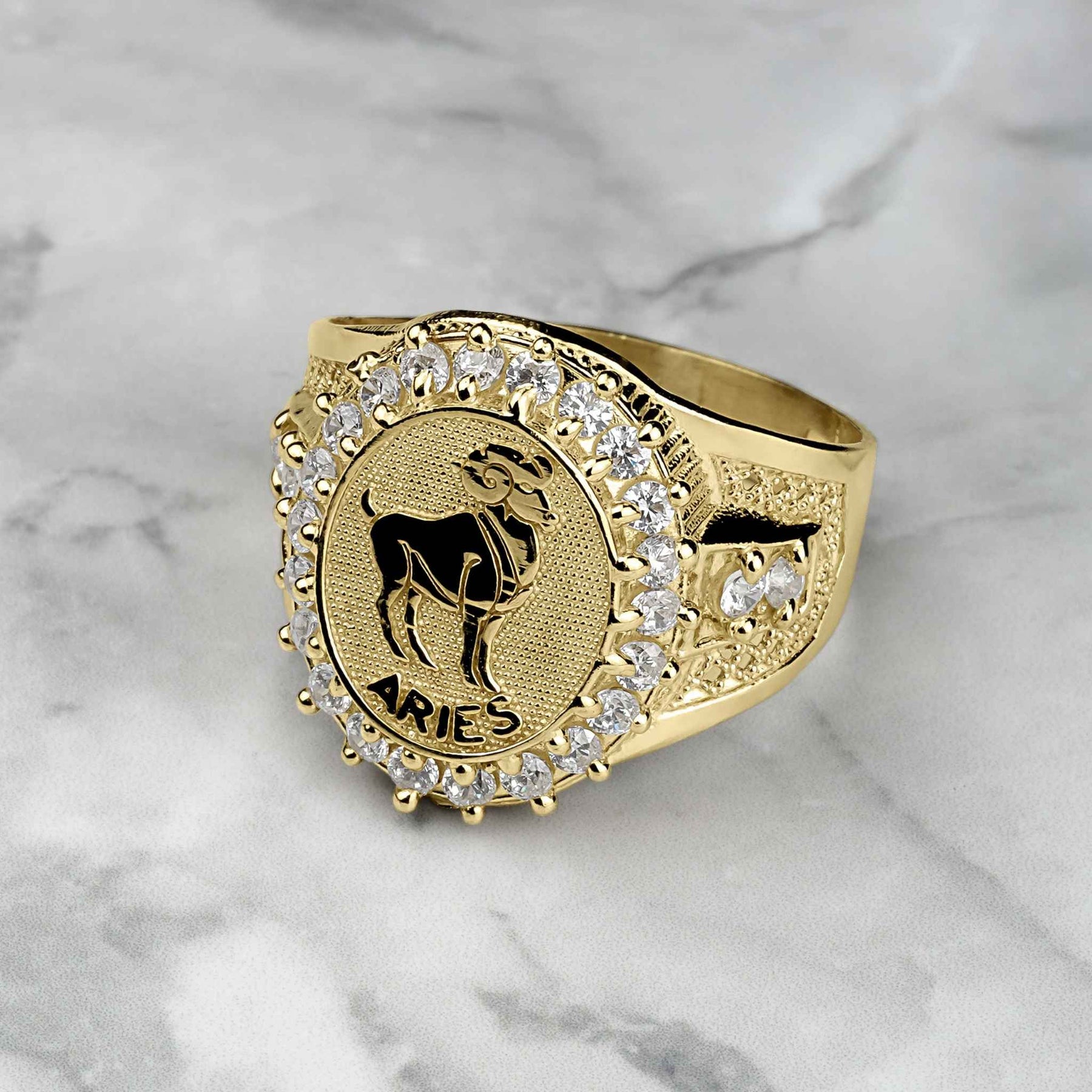 10k 14k gold twelve zodiac constellation signet men ring Aries symbol.