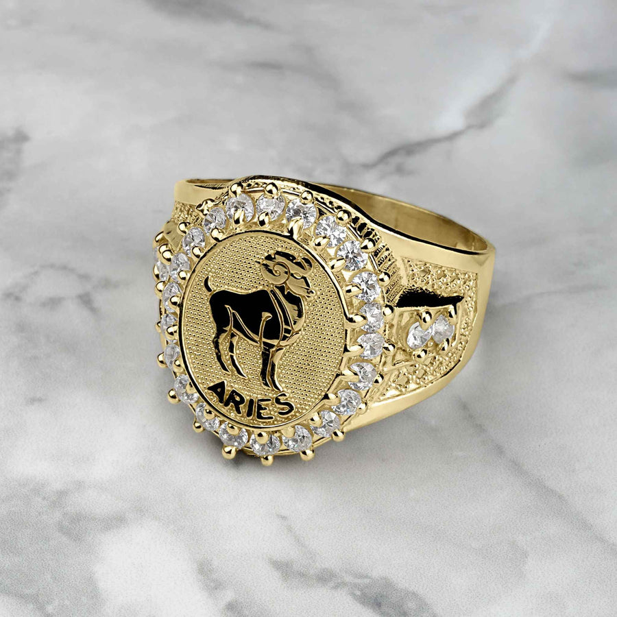 10k 14k gold twelve zodiac constellation signet men ring Aries symbol.
