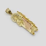 Back view of tri-color gold San Judas pendant showing diamond-cut textured pattern.