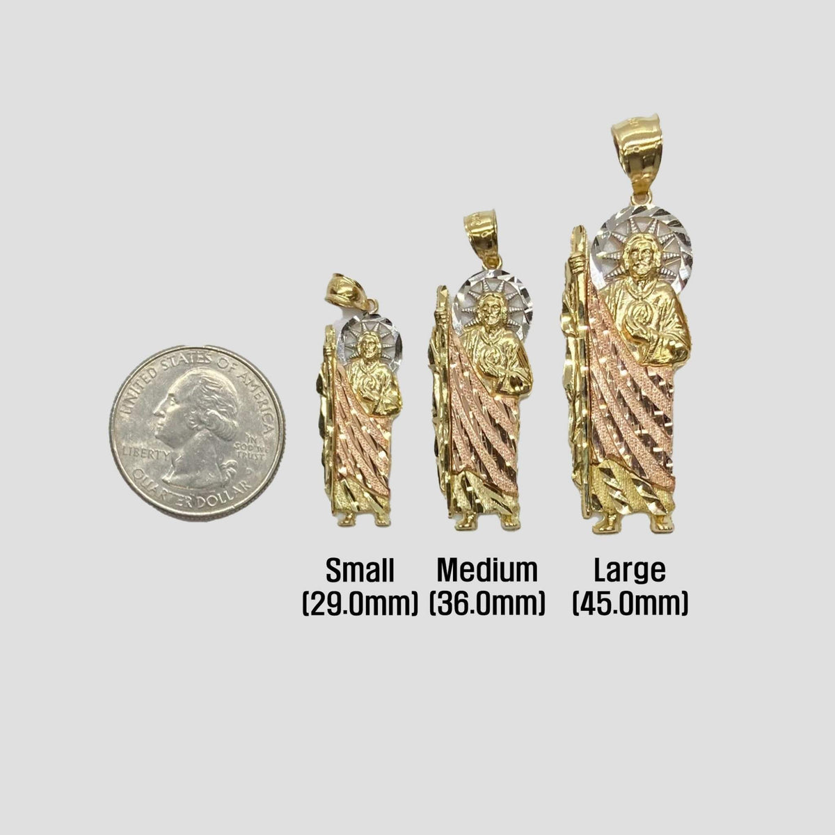 Three tri-color gold San Judas pendants in Small, Medium, Large compared to quarter coin.