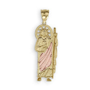 Tri-color 10k or 14k gold San Judas pendant, back view showing a polished finish.