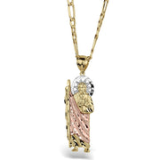 Tri-color 10k or 14k gold San Judas pendant paired with a matching gold chain.