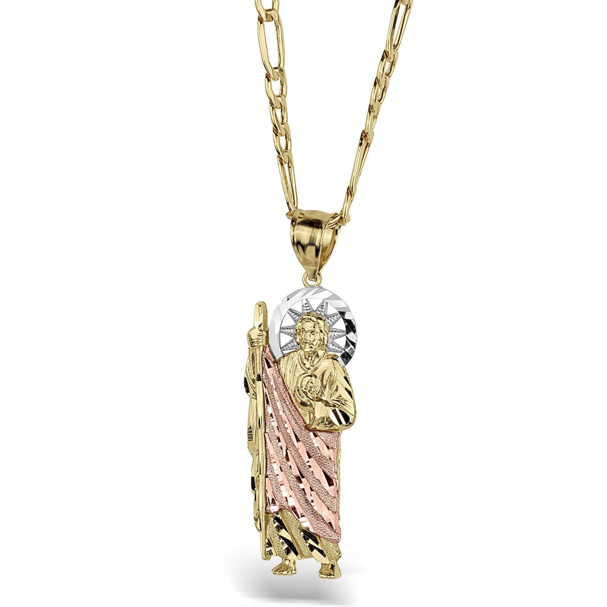 Tri-color 10k or 14k gold San Judas pendant paired with a matching gold chain.