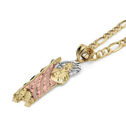 Religious Saint Jude charm crafted in yellow, rose, and white gold on a chain necklace.