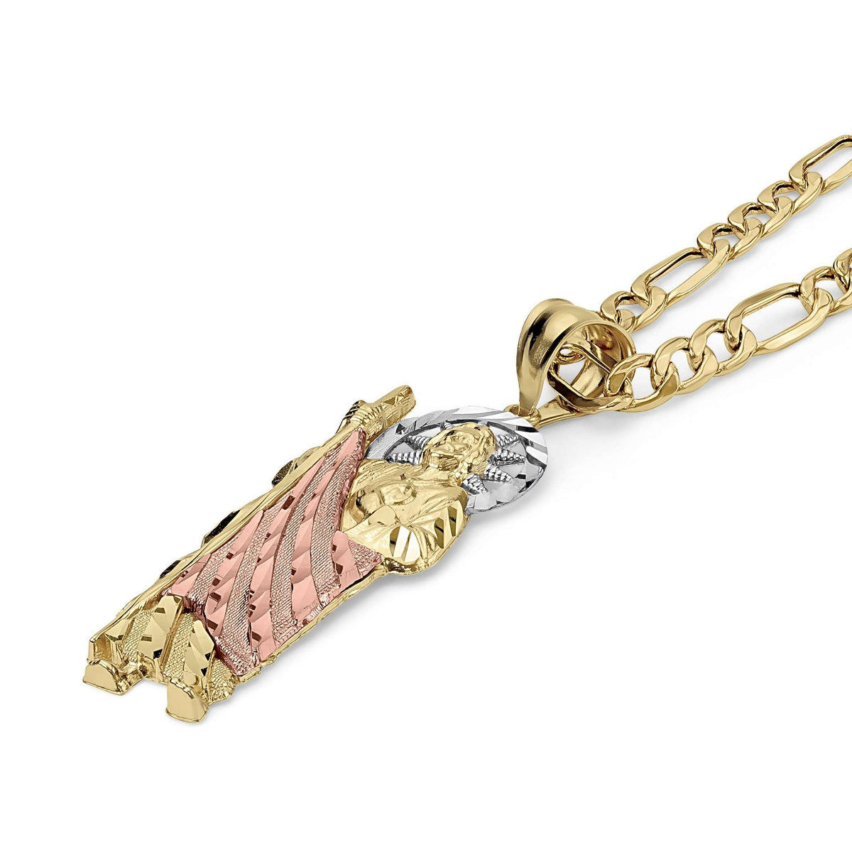 Religious Saint Jude charm crafted in yellow, rose, and white gold on a chain necklace.