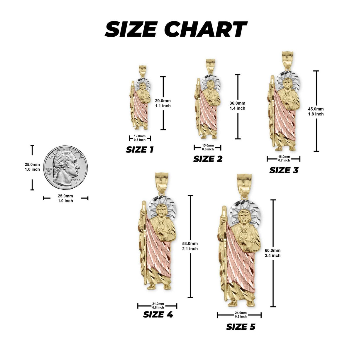 Size chart showing dimensions of five tri-color gold San Judas pendants next to a coin.