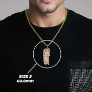 Model wearing the tri-color gold San Judas pendant with Size 5 (60.0mm) label.