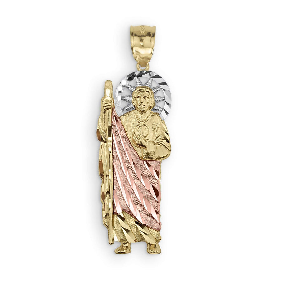 Tri-color 10k or 14k gold San Judas pendant featuring a diamond-cut finish.