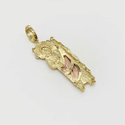 Back view of tri-color gold 3D San Judas pendant isolated on white background.