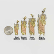 Size chart comparing four tri-color gold San Judas pendants in Small to X Large next to a US quarter.