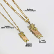 Tri-color gold San Judas pendant necklaces in Medium and X Large on paved Figaro chains.