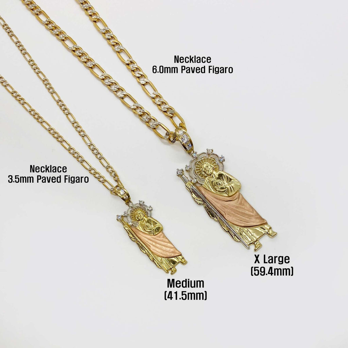 Tri-color gold San Judas pendant necklaces in Medium and X Large on paved Figaro chains.