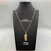 Medium tri-color gold San Judas pendant necklace on 3.5mm paved Figaro chain mannequin display.