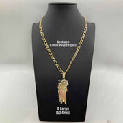 X Large tri-color gold San Judas pendant necklace on 6.0mm paved Figaro chain mannequin display.