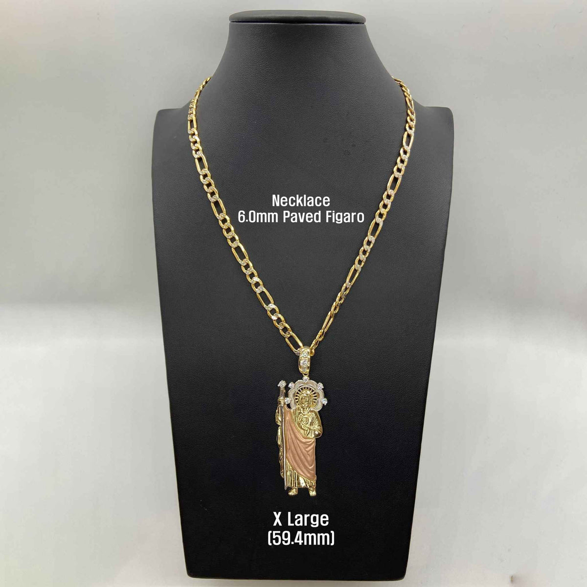 X Large tri-color gold San Judas pendant necklace on 6.0mm paved Figaro chain mannequin display.