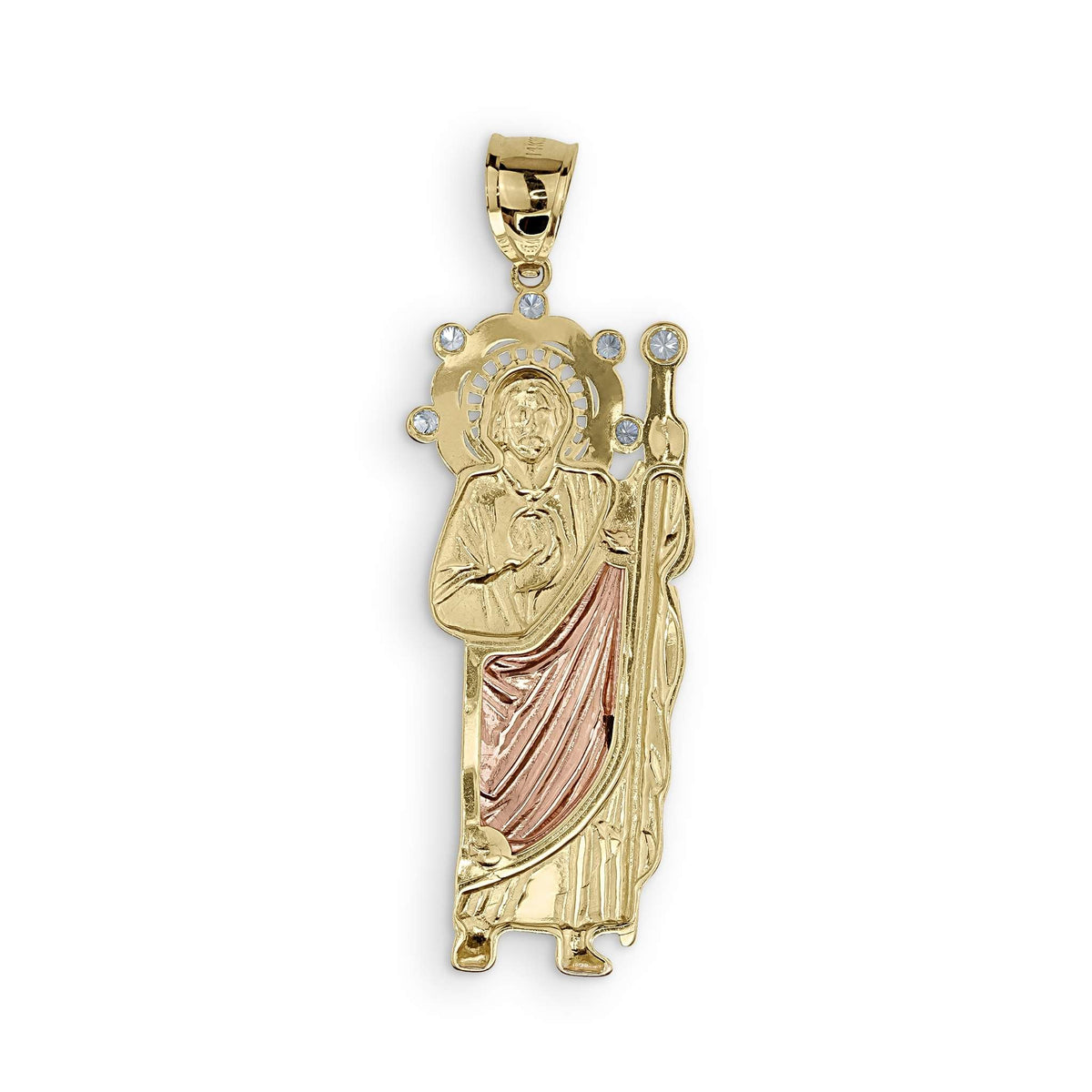 Tri-color gold San Judas pendant featuring a plain, polished reverse side and bail.