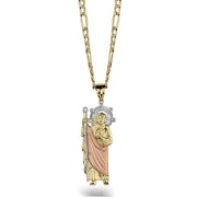 Tri-color gold San Judas pendant necklace featuring a detailed religious figure and chain.