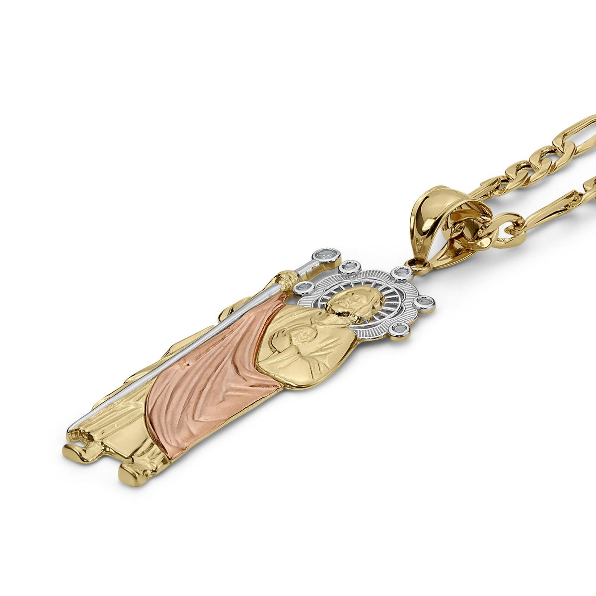 Tri-color gold San Judas pendant necklace featuring a rose gold robe and link chain.