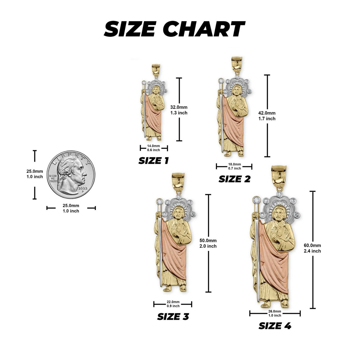 Gold San Judas pendant size chart comparing four dimensions with a coin reference.