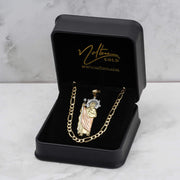 10k and 14k gold San Judas pendant and chain inside a black presentation box.