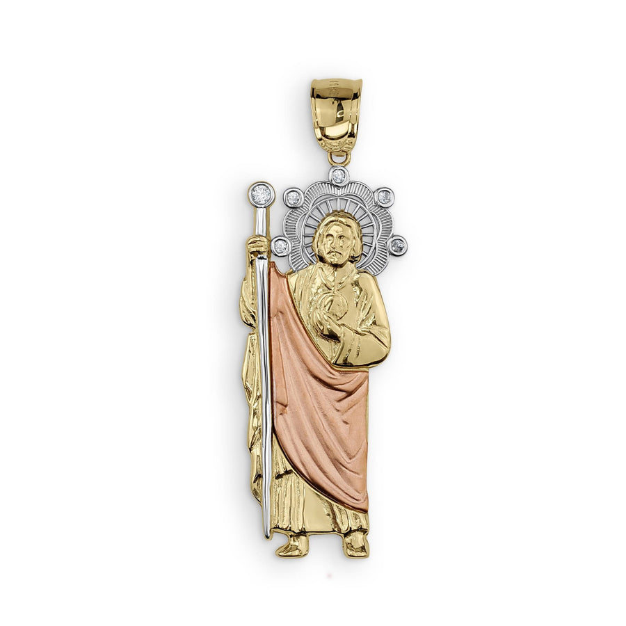 Tri-color gold San Judas pendant featuring a rose gold robe and silver halo.