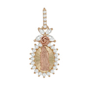 Gold Guadalupe pendant featured with rose top, CZ halo border, and iced bail.