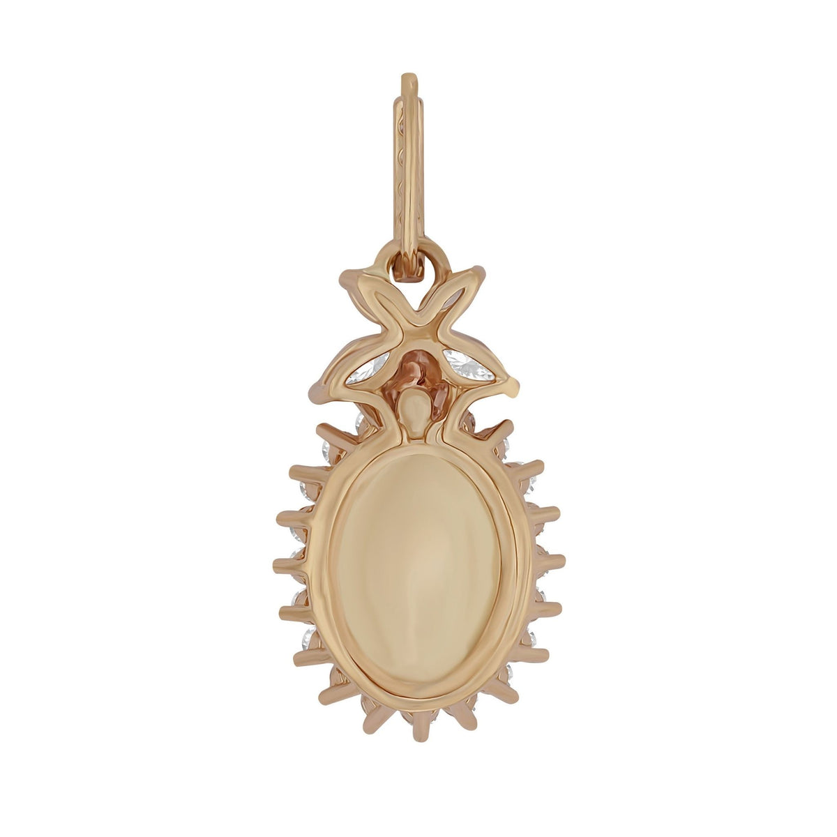 Reverse side of gold religious Virgin Mary pendant with textured bail.