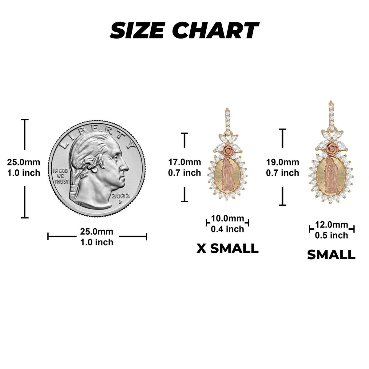 Size chart for gold Virgin Mary Guadalupe pendants compared to a US quarter.
