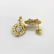 Back view of tri-color gold Virgin Mary oval stud earrings showing posts and butterfly backs.