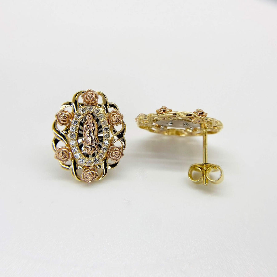 Gold and rose gold religious earrings featuring Our Lady of Guadalupe surrounded by roses.
