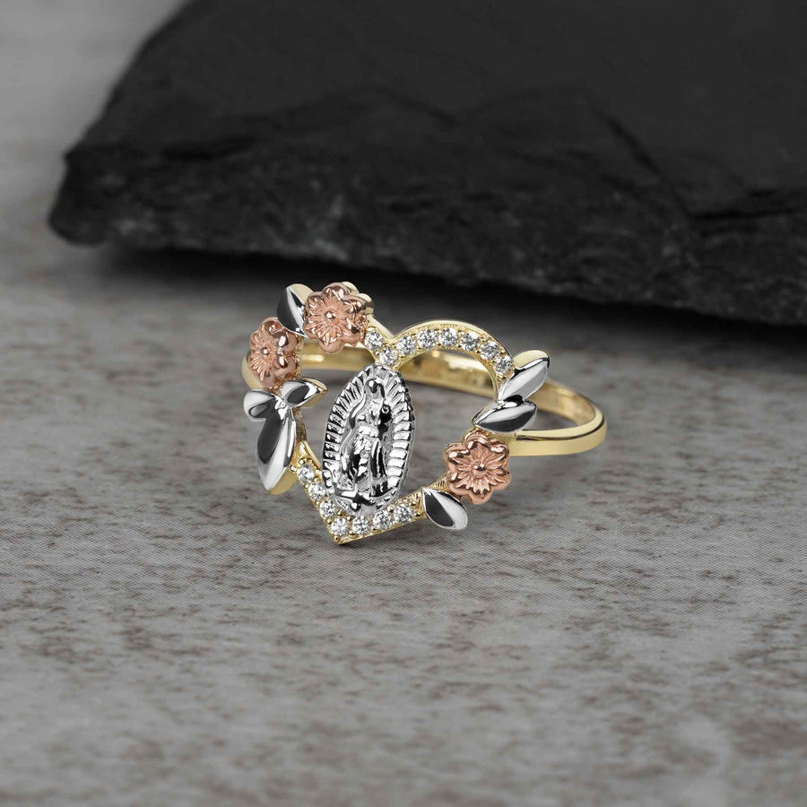 Yellow, rose, and white gold heart ring showcasing Our Lady of Guadalupe