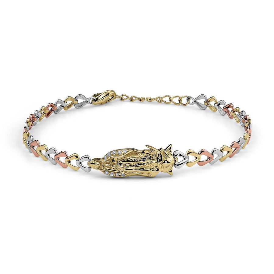 Tricolor gold Virgin Mary Guadalupe bracelet arranged in an oval shape.