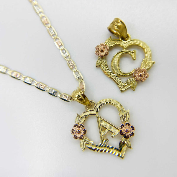 10k & 14k Gold Heart N Rose Two-Tone Initial Pendant Necklace