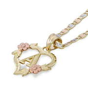 Two-tone gold initial pendant necklace featuring pink rose accents and a matching chain.