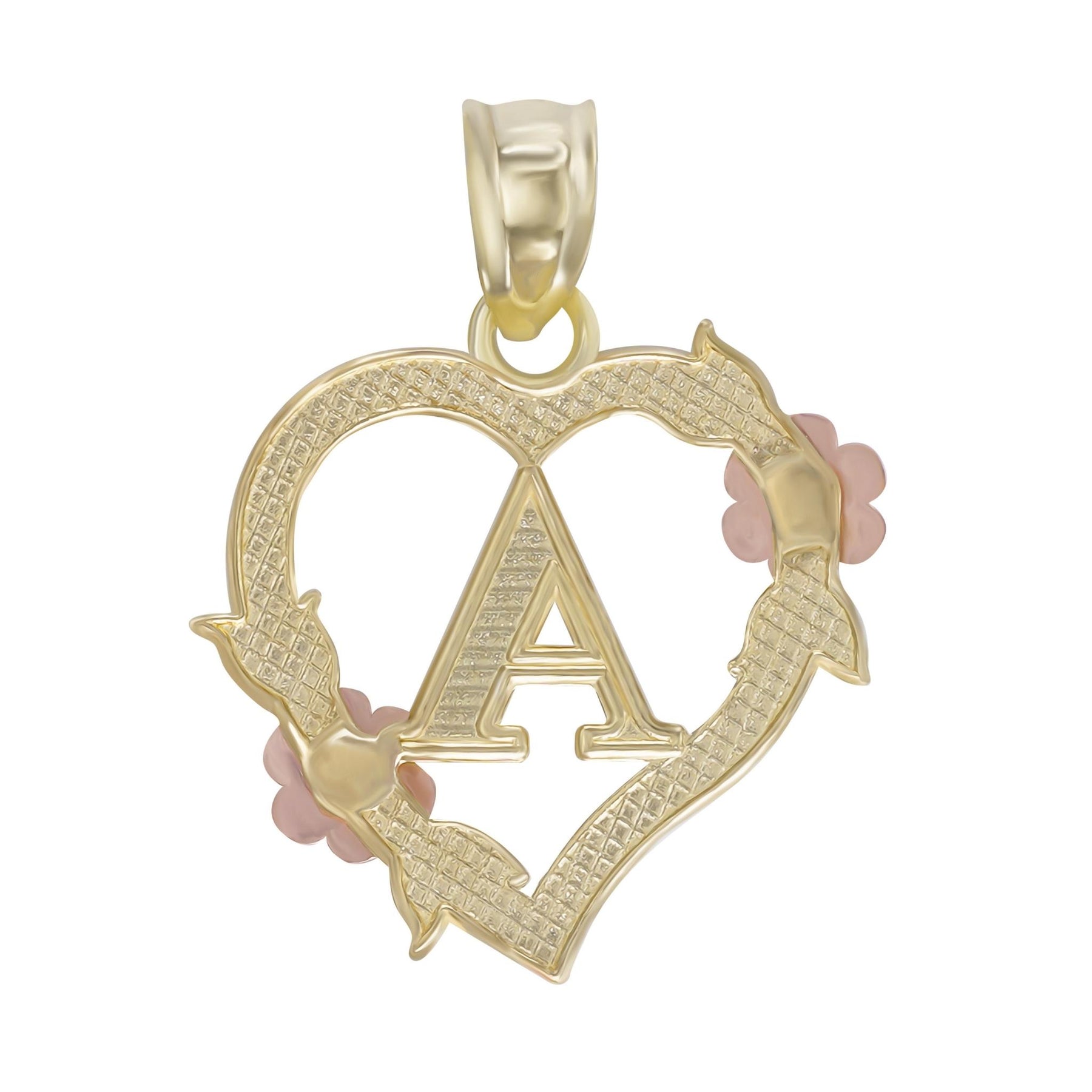 The textured hollow back of the two-tone gold heart initial pendant.