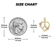Size chart showing millimeter dimensions and measurements for the gold heart initial pendant next to a quarter.