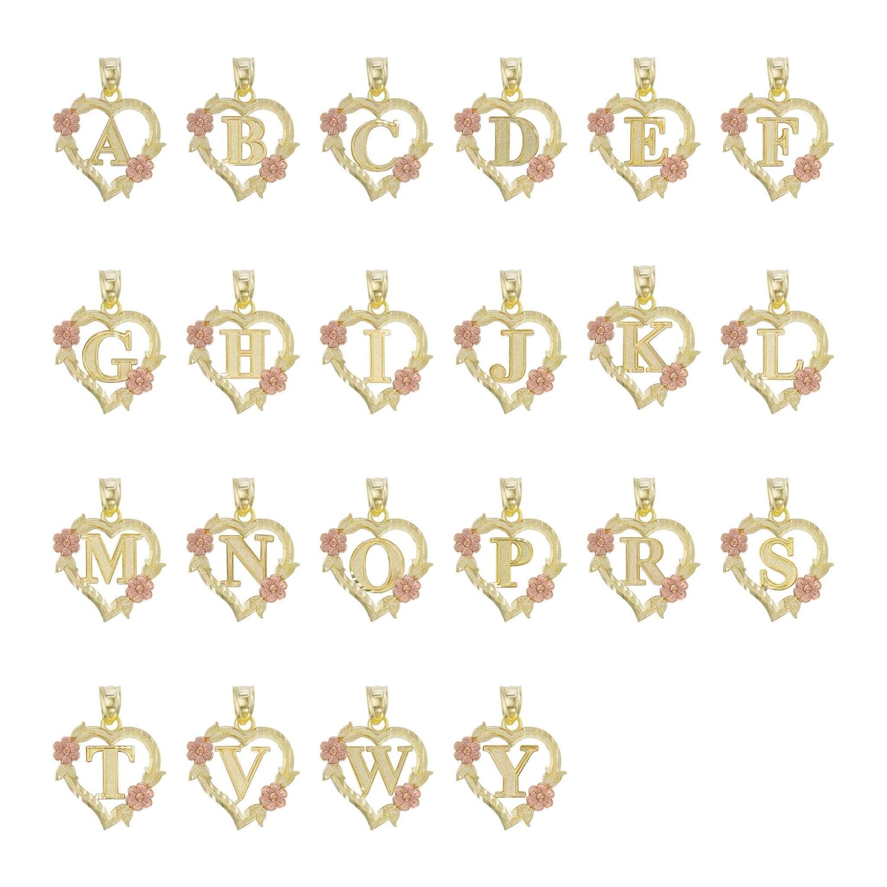 Multiple gold heart initial pendants arranged in rows showcasing letters A through Y.