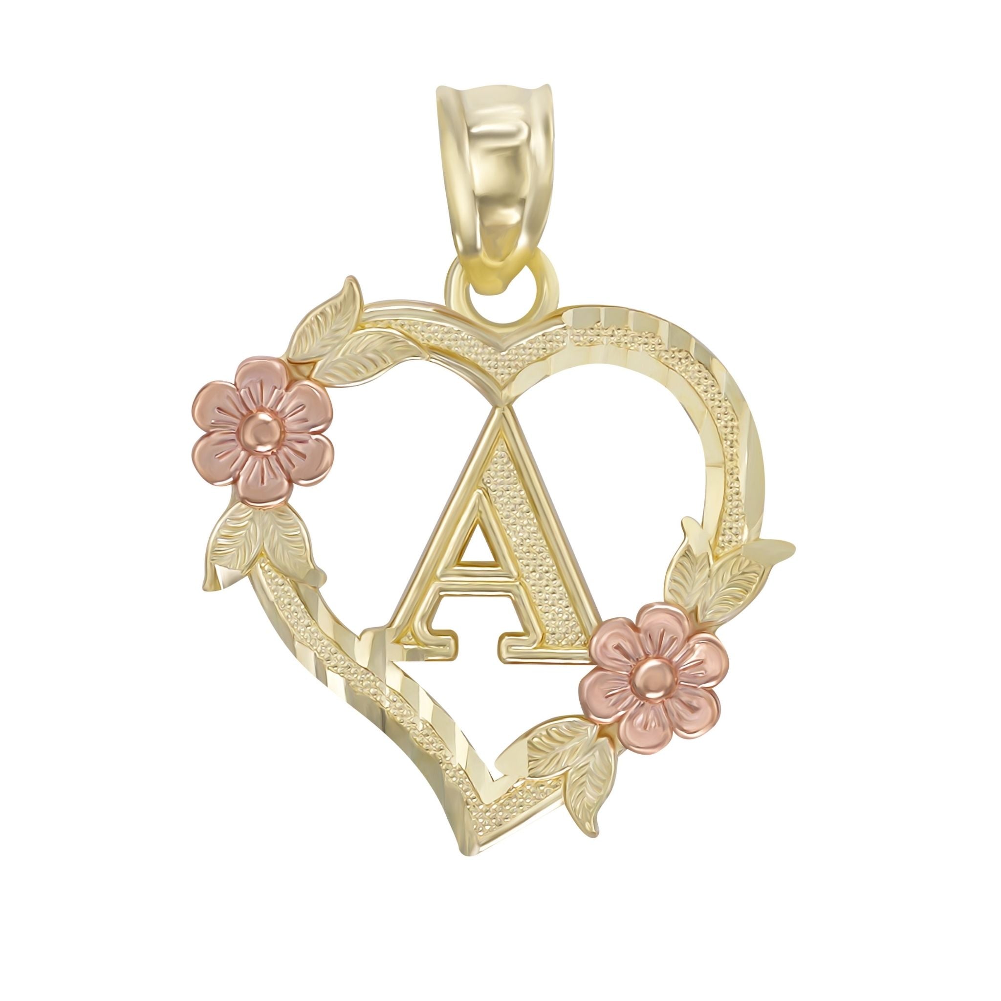 Two-tone gold heart pendant featuring a central letter 'A' and floral accents