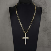 Two-tone gold Hermo iced crucifix pendant necklace displayed on a black jewelry mannequin bust.