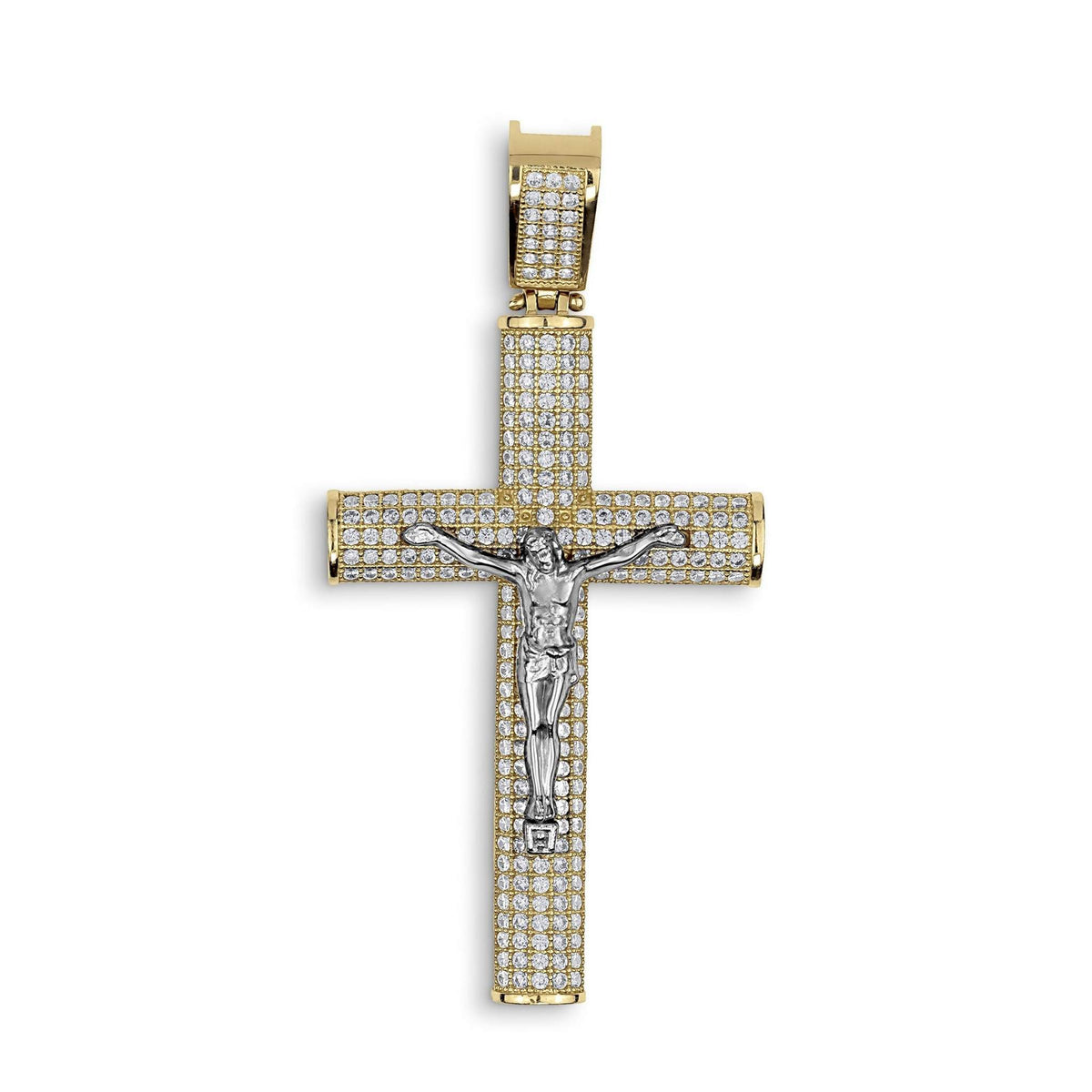 Front view of two-tone gold Hermo iced crucifix pendant with white gold Jesus figure isolated on white background.