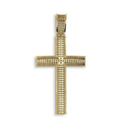 Rear view of gold Hermo iced crucifix pendant showing hollow patterned back structure.