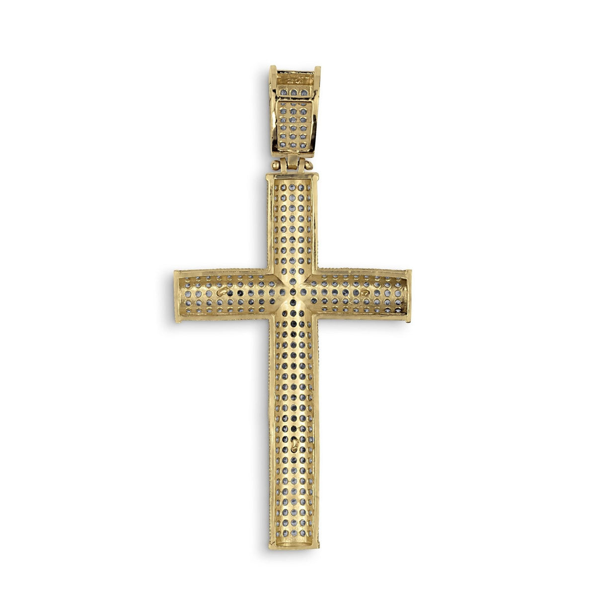 Rear view of gold Hermo iced crucifix pendant showing hollow patterned back structure.